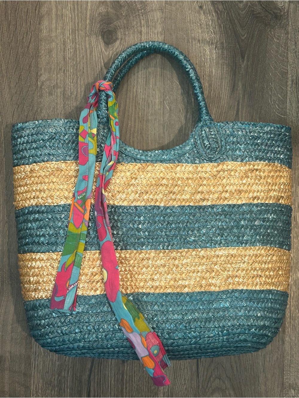 Ralph by Ralph Lauren Straw Tote Bag Blue Tan Stripe Scarf Handle Beach Purse